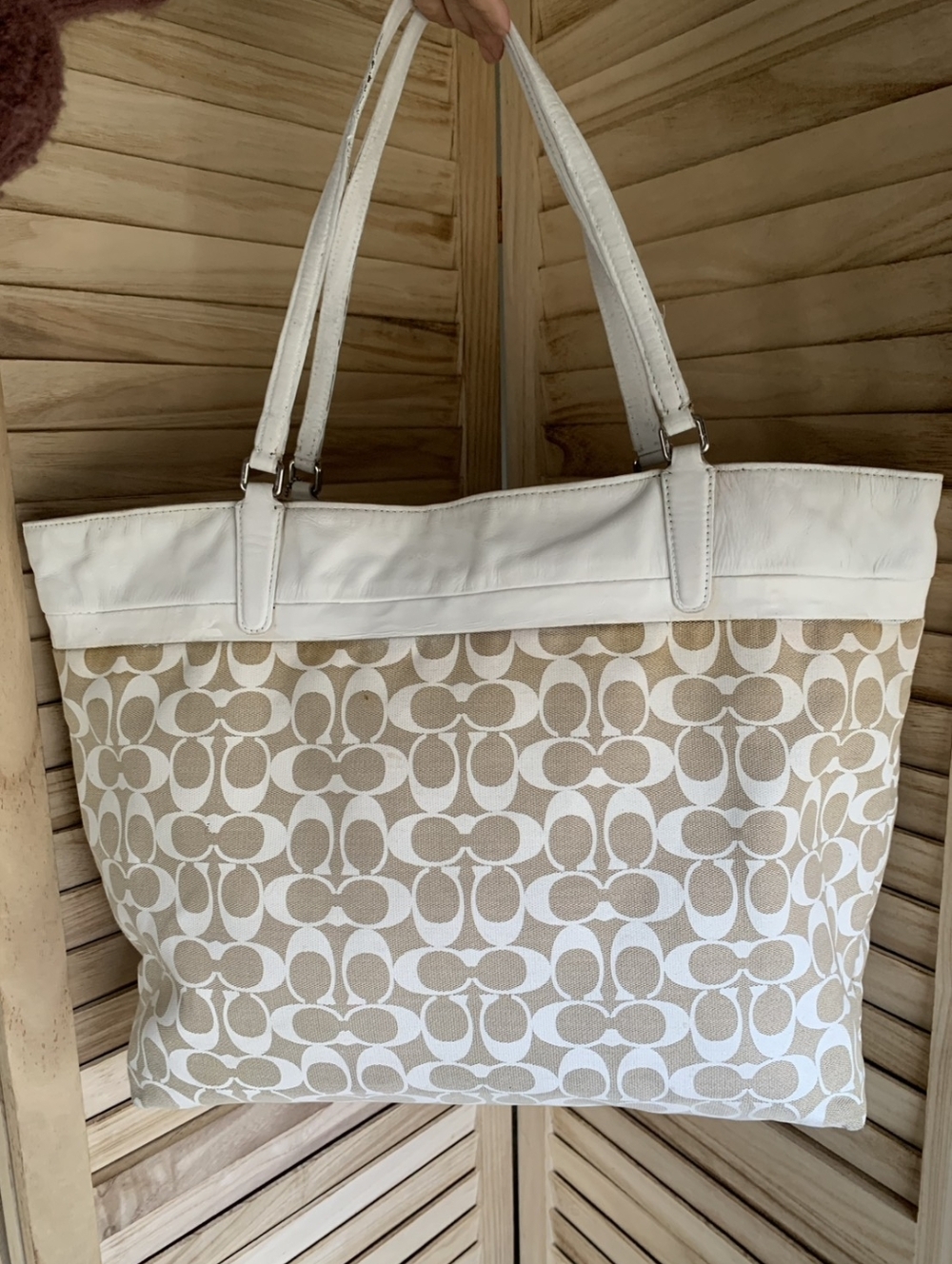 Coach Beige/White Canvas and Leather Tote